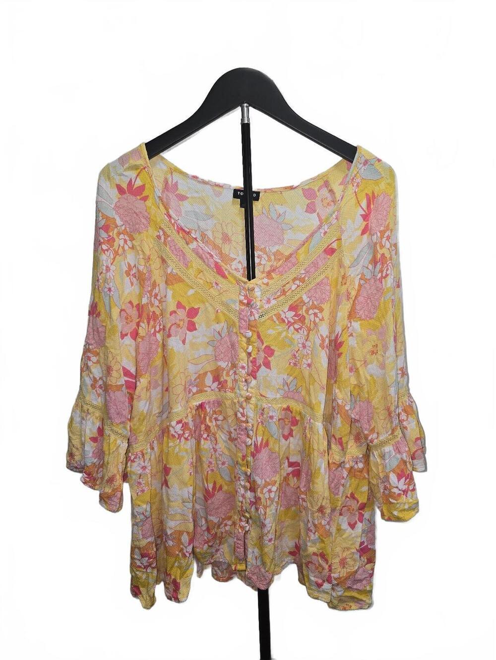Women's‎ Yellow Floral Rayon Blouse with Button Front and 3/4 Bell Sleeves 3X